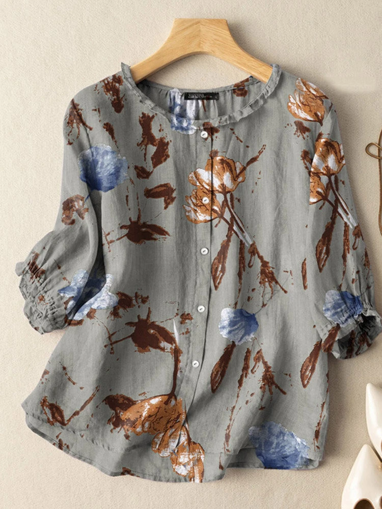 Plants Print 3/4 Sleeve Crew Neck Button Blouse 3 Plants Print 3/4 Sleeve Crew Neck Button Blouse - Image 3