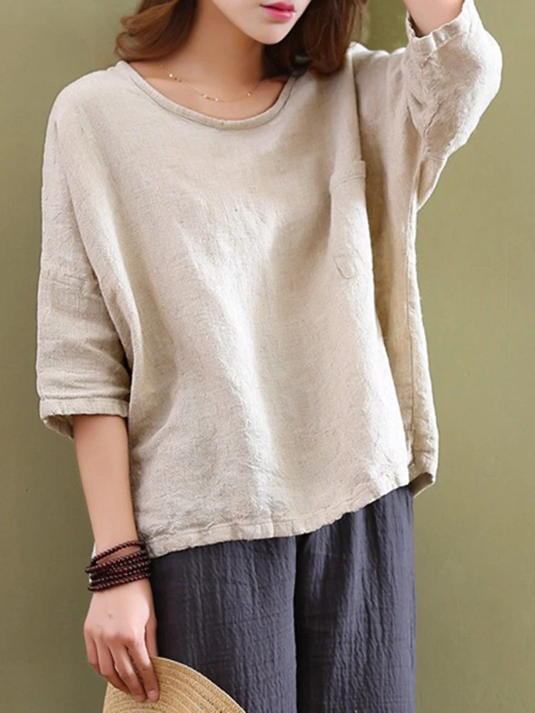 Casual Women Mori Pocket O-Neck 3/4 Sleeve Loose Blouse 2 Casual Women Mori Pocket O-Neck 3/4 Sleeve Loose Blouse - Image 2