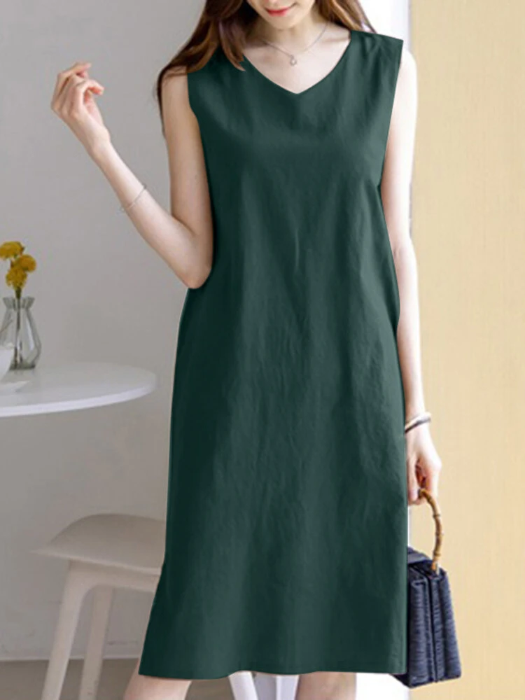 Leisure Solid Slit Hem V Neck Sleeveless Cotton Midi Dress 10 Leisure Solid Slit Hem V Neck Sleeveless Cotton Midi Dress - Image 10