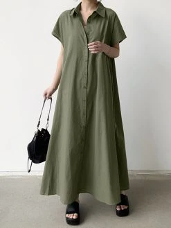 Women Solid Lapel Button Front Short Sleeve Maxi Shirt Dress