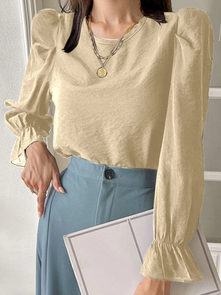 Solid Long Puff Sleeve Crew Neck Blouse 10 Solid Long Puff Sleeve Crew Neck Blouse - Image 10