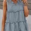 Women Lettuce Trim Tiered Tie Neck Sleeveless Tank Top