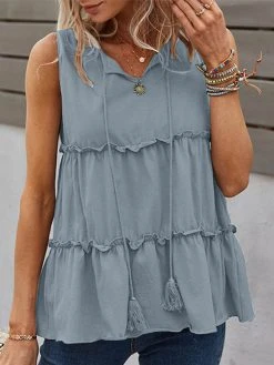 Women Lettuce Trim Tiered Tie Neck Sleeveless Tank Top