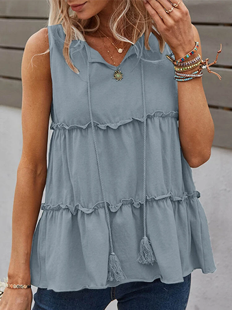 Women Lettuce Trim Tiered Tie Neck Sleeveless Tank Top 1 Women Lettuce Trim Tiered Tie Neck Sleeveless Tank Top