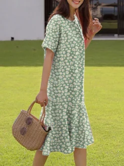 Allover Floral Print Ruffle Hem Short Sleeve Crew Neck Dress -Zanzea Shop 9446a1ad ed02 4d31 906f 13151cf8ff87