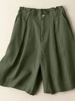 Solid Pocket Ruched Elastic Waist Casual Cotton Shorts