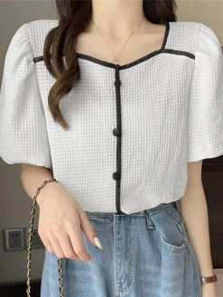 Contrast Square Collar Button Decor Short Sleeve Blouse -Zanzea Shop 946a4d06 45b7 46da 93f3 a8fc5d4e2ca2