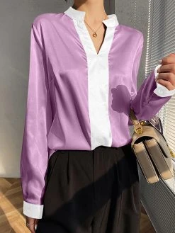 Contrast Satin Long Sleeve V-neck Blouse For Women -Zanzea Shop 9474027b f18d 4a7b a803 b02de93aacae