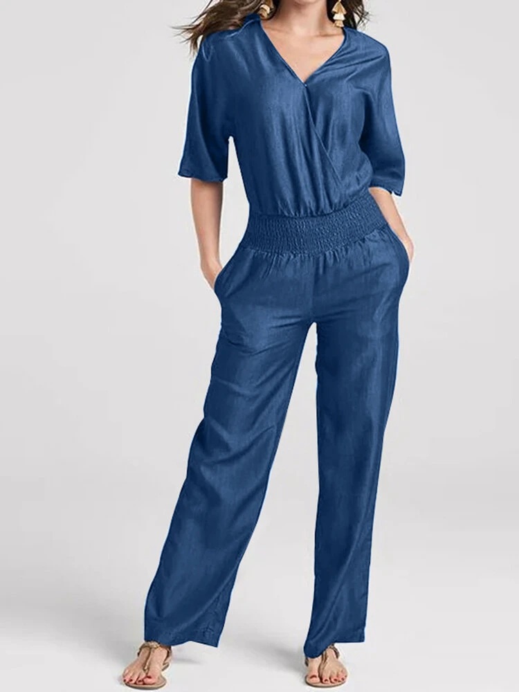 Women Solid V-Neck Shirred Waist Half Sleeve Denim Jumpsuit 5 Women Solid V-Neck Shirred Waist Half Sleeve Denim Jumpsuit - Image 5