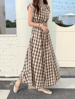 Check Print Button V-neck Short Sleeve Belt Maxi Dress -Zanzea Shop 948e88f9 be34 4c65 bc01 0e2f6440563c