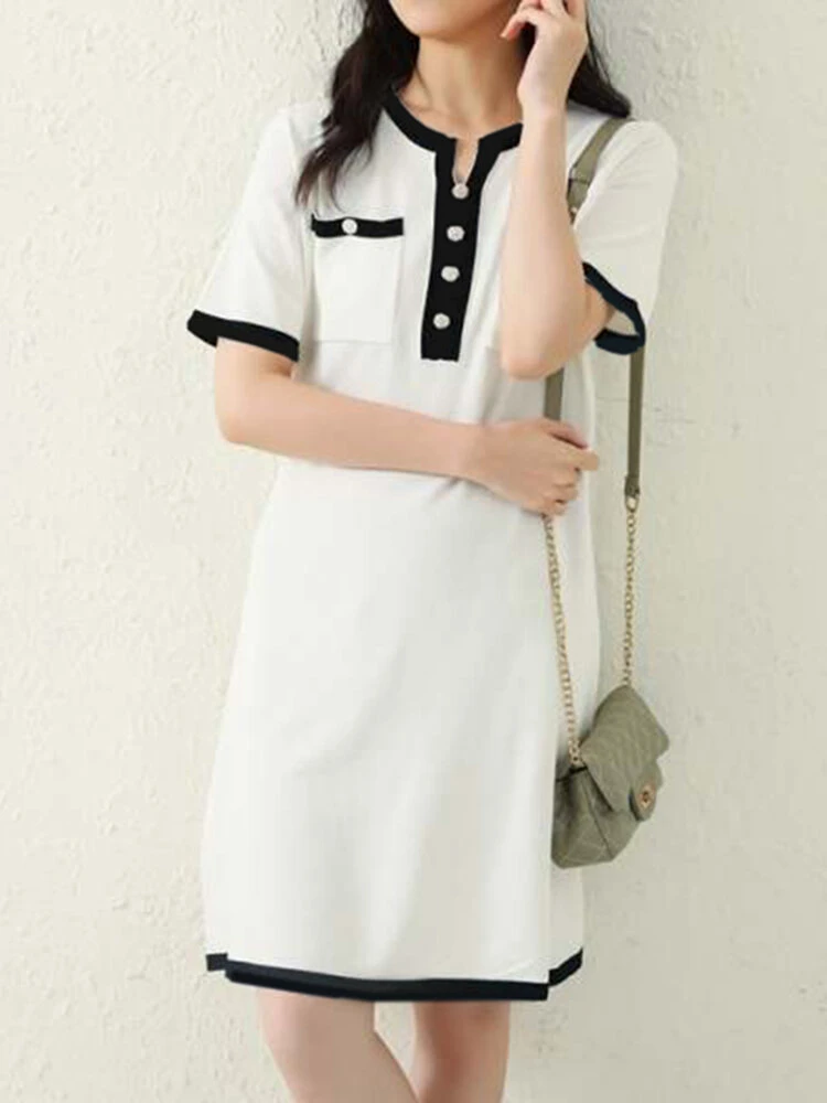 Contrast Pocket Short Sleeve Notch Neck Casual Dress 4 Contrast Pocket Short Sleeve Notch Neck Casual Dress - Image 4