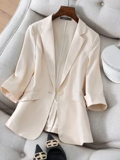 Solid Pocket 3/4 Sleeve Lapel Blazer For Women