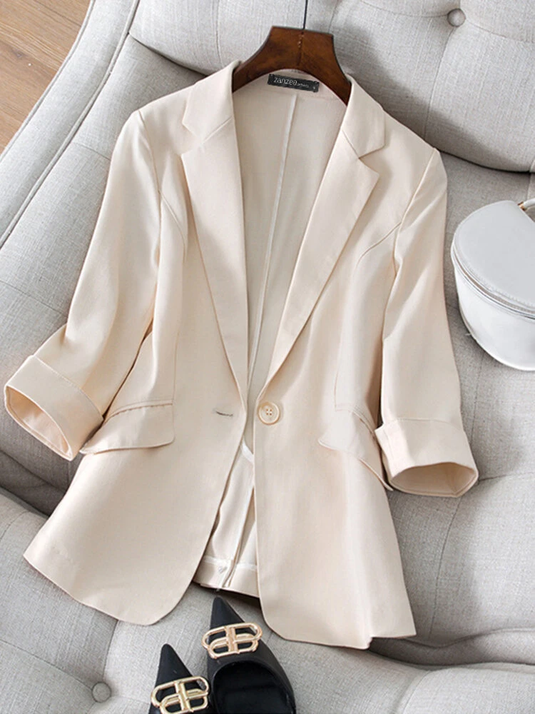 Solid Pocket 3/4 Sleeve Lapel Blazer For Women 1 Solid Pocket 3/4 Sleeve Lapel Blazer For Women