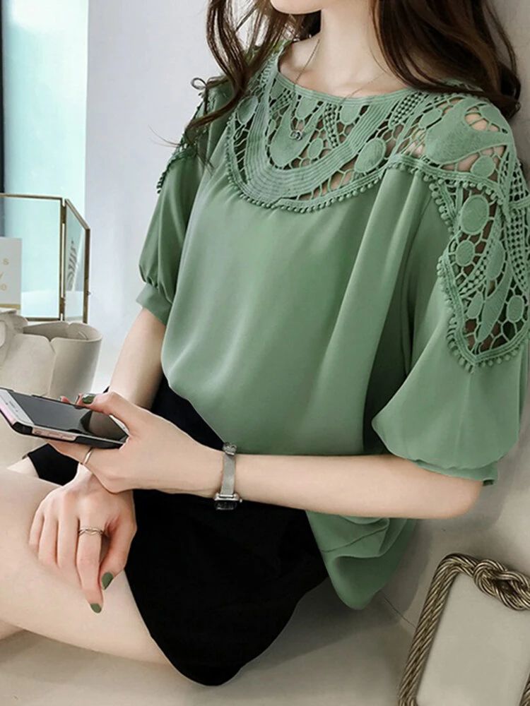 Women Hollow Stitch Half Sleeve Crew Neck Blouse 3 Women Hollow Stitch Half Sleeve Crew Neck Blouse - Image 3