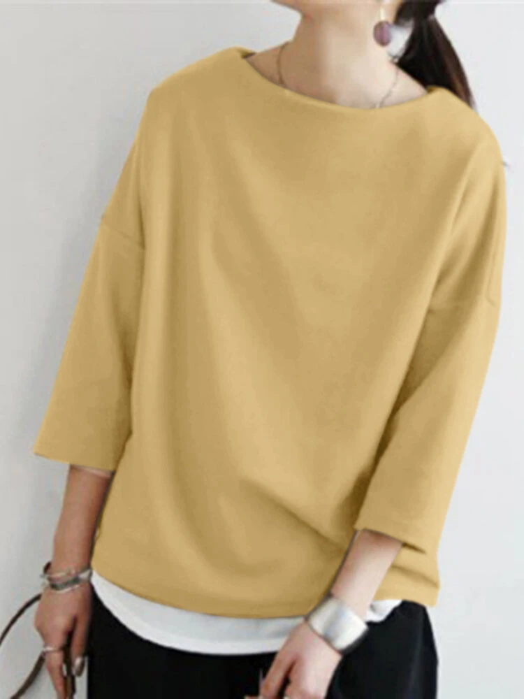 Solid Drop Shoulder 3/4 Sleeve Crew Neck Casual Loose T-shirt 12 Solid Drop Shoulder 3/4 Sleeve Crew Neck Casual Loose T-shirt - Image 12