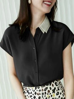 Contrast Double Layered Neck Short Sleeve Button Blouse -Zanzea Shop 94e0945c cd27 4b7a bda7 0dceaeb97e5a