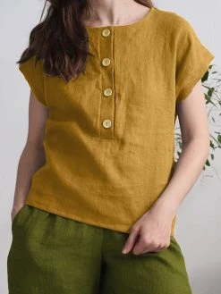 Solid Button Short Sleeve Crew Neck Casual Blouse -Zanzea Shop 950e0f4d d879 4db2 bee7 31bd22122e89