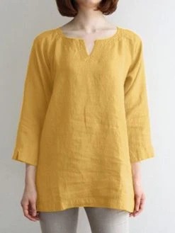 Solid Casual Notch Neck 3/4 Sleeve Blouse -Zanzea Shop 9540dd18 0f4a 45e9 a715 4d091c88c350