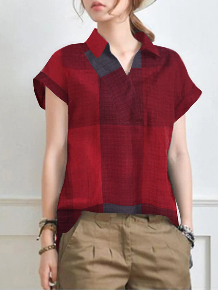 Plaid Short Sleeve Lapel Collar Blouse 7 Plaid Short Sleeve Lapel Collar Blouse - Image 7