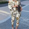 Plants Print High-low Hem 3/4 Sleeve Lapel Two Pieces Suit