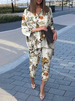 Plants Print High-low Hem 3/4 Sleeve Lapel Two Pieces Suit