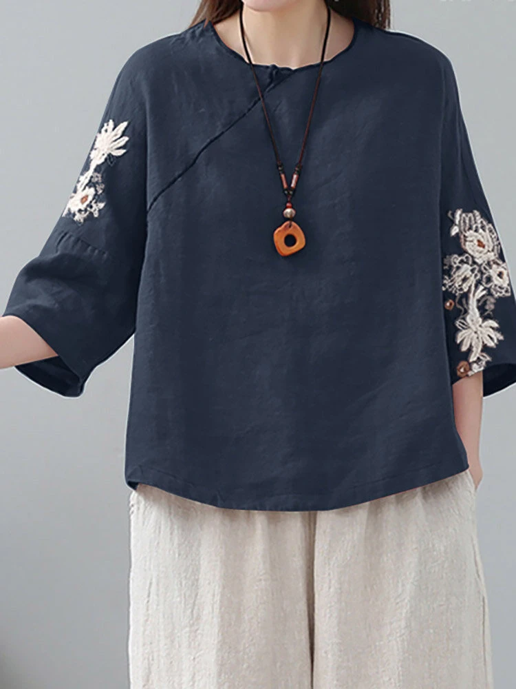 Flower Embroidery Frog Button Crew Neck 3/4 Sleeve Blouse 8 Flower Embroidery Frog Button Crew Neck 3/4 Sleeve Blouse - Image 8