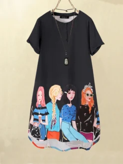 Cartoon Girls Graphic Pocket Short Sleeve Button Dress