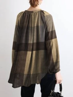 Plaid Print O-neck Button Slit Hem Vintage Loose Blouse -Zanzea Shop 95b9e7a4 0842 4484 bceb 6880b1bb07a3