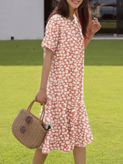 Allover Floral Print Ruffle Hem Short Sleeve Crew Neck Dress -Zanzea Shop 95ee6744 87ac 4d00 a273 8b9f2158aaf6