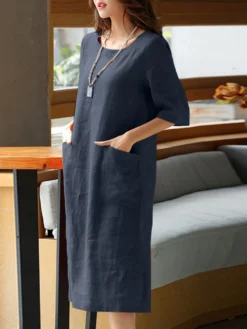 Solid Dual Pocket Half Sleeve Crew Neck Midi Dress -Zanzea Shop 95f31d9e e407 4f71 ba28 f597e3276bf1