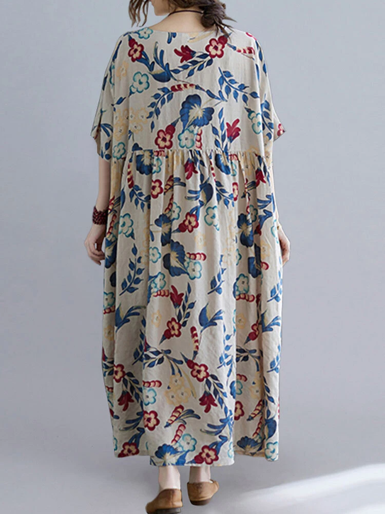 Flower Print Half Sleeve O-neck Loose Women Vintage Dress 6 Flower Print Half Sleeve O-neck Loose Women Vintage Dress - Image 6