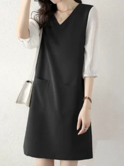 Contrast Dual Pocket 3/4 Sleeve V-neck Casual Dress -Zanzea Shop 961109ab dbaa 42c1 ad04 eb8c33301cbe
