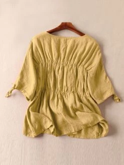 Leisure Solid Tie-Up At Cuff Ruched Round Neck Cotton Blouse -Zanzea Shop 96136e4c c0ae 4b35 bfad 9b64c9ba757f