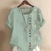 Women Polka Dot Patchwork Button Detail Short Sleeve Blouse
