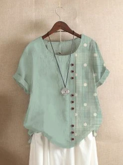 Women Polka Dot Patchwork Button Detail Short Sleeve Blouse