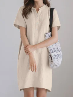Solid Short Sleeve Button Front Half Placket Dress -Zanzea Shop 96515eb5 fc34 4e13 928d ae375249057a
