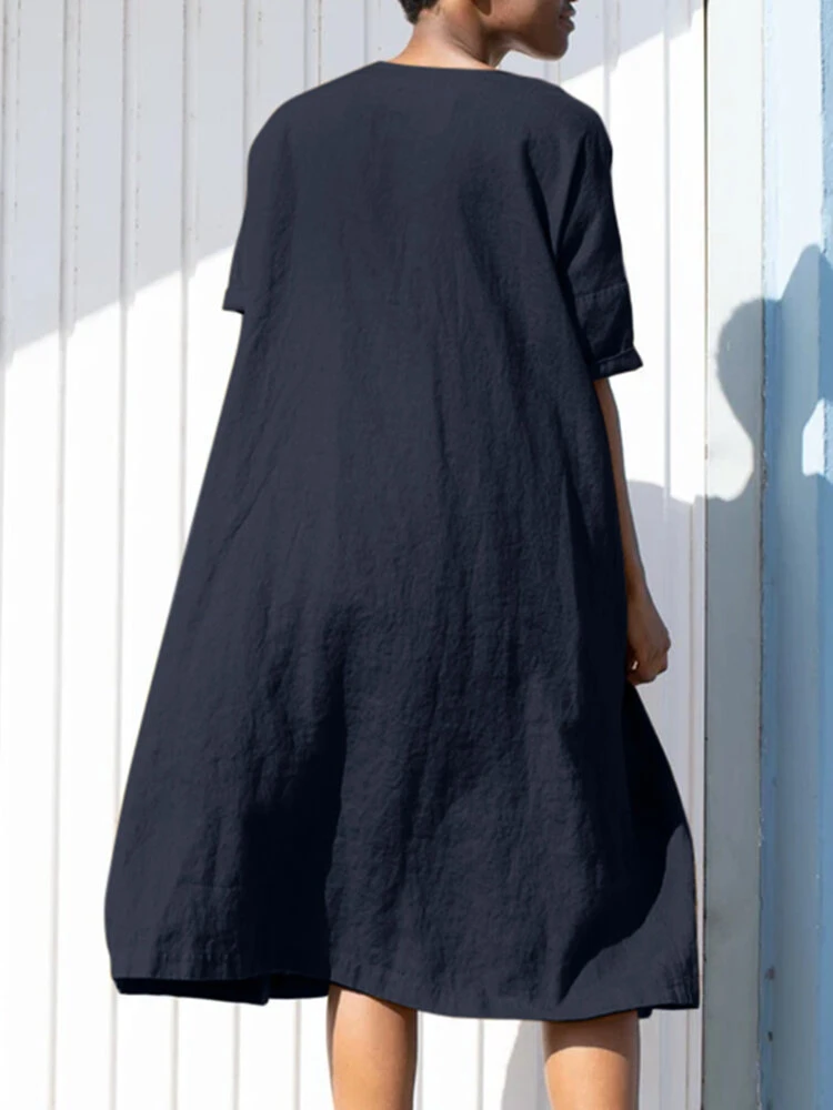 Solid Loose Crew Neck Short Sleeve Casual Dress With Belt 2 Solid Loose Crew Neck Short Sleeve Casual Dress With Belt - Image 2