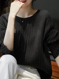 Solid Long Sleeve Pleated Crew Neck Casual T-shirt -Zanzea Shop 9672a33c 99cd 45ac a08e bdb6e18c298d