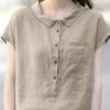 Solid Cotton Button Front Pocket Lapel Short Sleeve Blouse