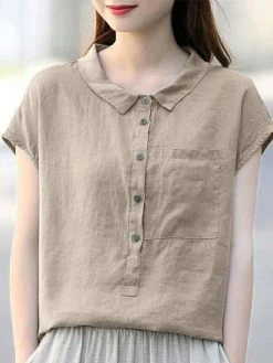 Solid Cotton Button Front Pocket Lapel Short Sleeve Blouse