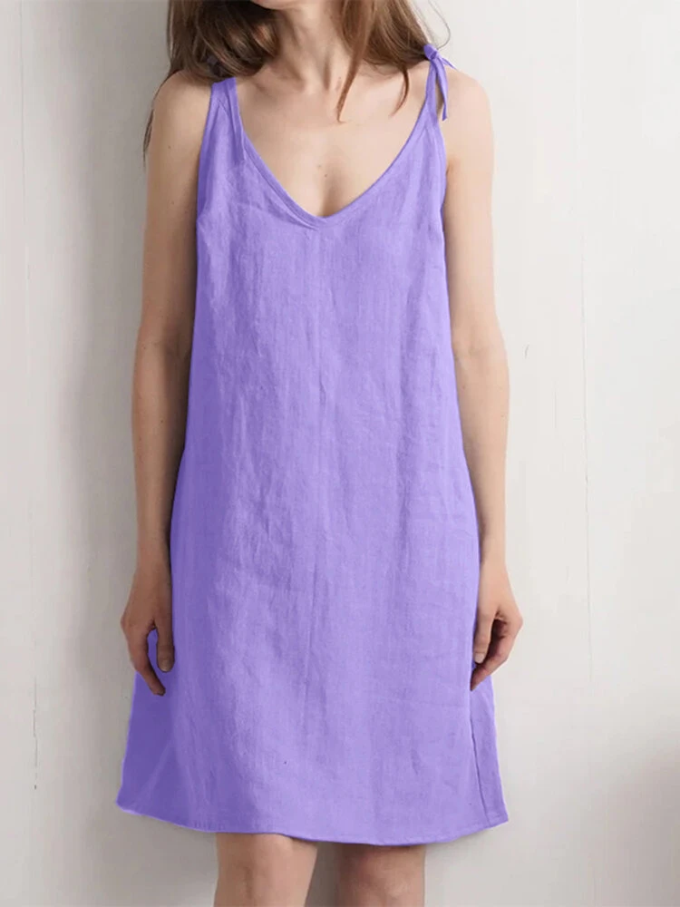 Women Solid Tie Spaghetti Strap Cotton Casual Dress 2 Women Solid Tie Spaghetti Strap Cotton Casual Dress - Image 2