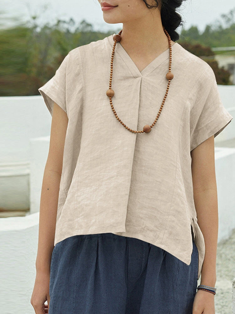Solid High-low V-neck Short Sleeve Slit Casual Blouse 7 Solid High-low V-neck Short Sleeve Slit Casual Blouse - Image 7