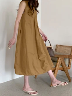 Solid O-neck Pleated Sleeveless Pocket Women Casual Dress -Zanzea Shop 97573ad7 c5ba 4580 a07e c1b511b17eed