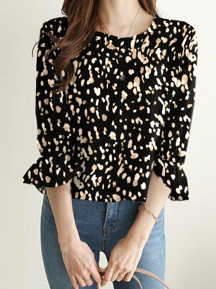 Random Allover Print Crew Neck Casual 3/4 Sleeve Blouse 7 Random Allover Print Crew Neck Casual 3/4 Sleeve Blouse - Image 7