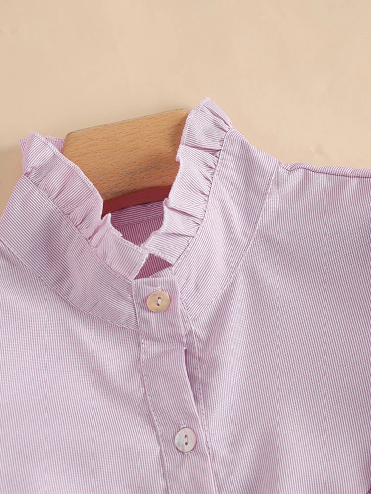 Stripe Print Ruffle Trim Button Front Long Sleeve Blouse 7 Stripe Print Ruffle Trim Button Front Long Sleeve Blouse - Image 7