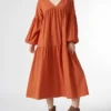 Solid V-neck Loose Casual Long Sleeve Women Dress