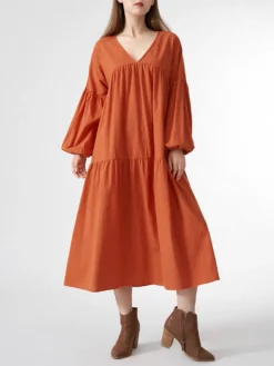 Solid V-neck Loose Casual Long Sleeve Women Dress