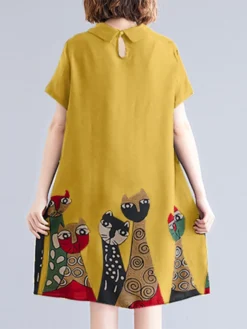 Cartoon Cat Print Short Sleeve Pocket Doll Collar Women Dress -Zanzea Shop 97c7b36e 5539 48fa 9694 c05d27bdd310