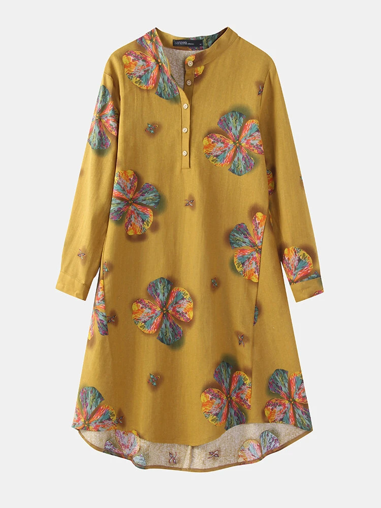 Calico Print Stand Collar Long Sleeve Plus Size Button Dress For Women 3 Calico Print Stand Collar Long Sleeve Plus Size Button Dress For Women - Image 3