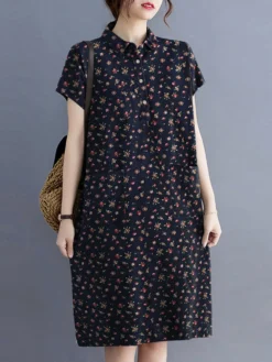Calico Button Pocket Short Sleeve Casual Cotton Midi Dress